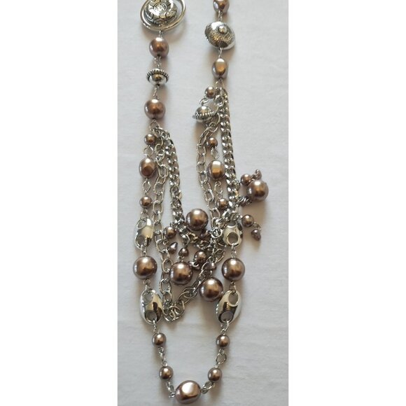 Silver Tone Brown Faux Pearl Tie Back Layered Necklace Paparazzi New - Picture 4 of 5